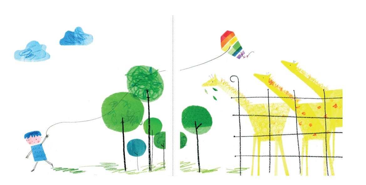 Illustration from the book showing a child and a giraffe under a tree