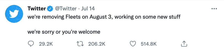 Twitter tweets out an announcement about removing Fleets on August 3 Twitter tweets out an announcement about removing Fleets on August 3