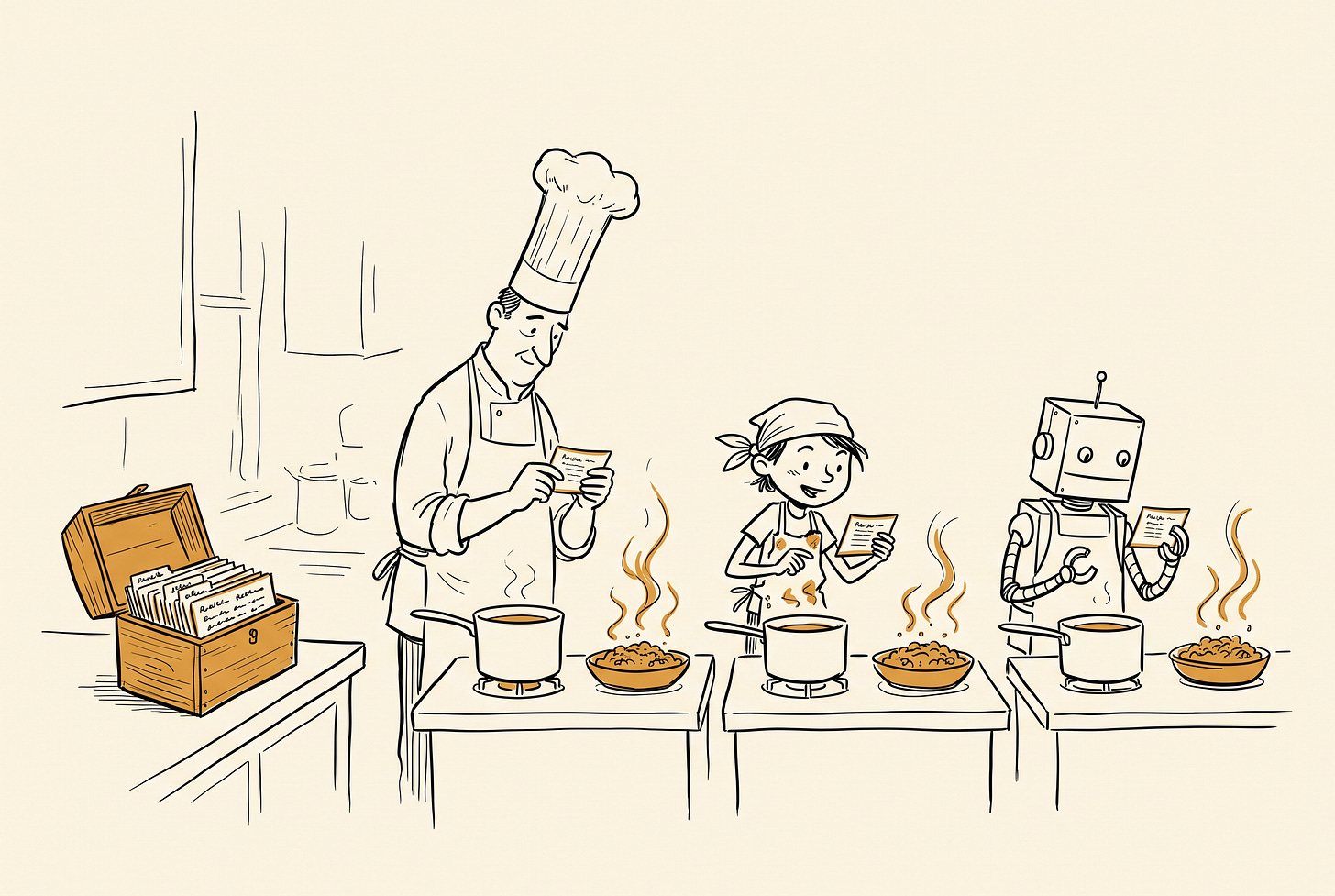 Three different chefs cooking the same dish from the same recipe card Three different chefs cooking the same dish from the same recipe card