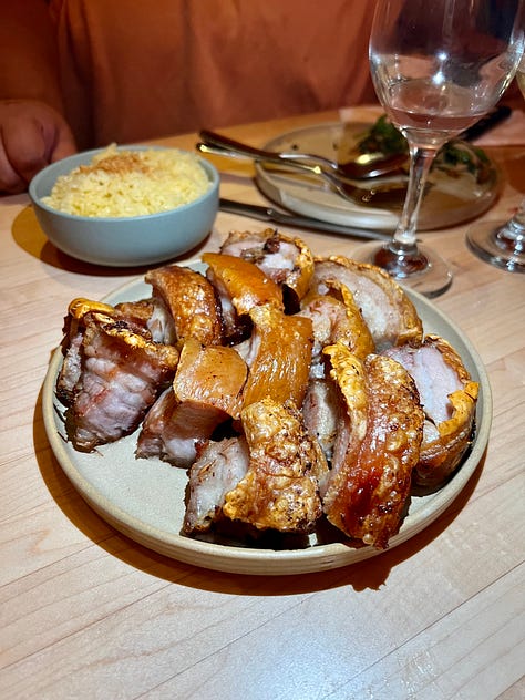 photo of pancit kang kong, outdoor exterior shot of the restaurant, and pork belly lechon