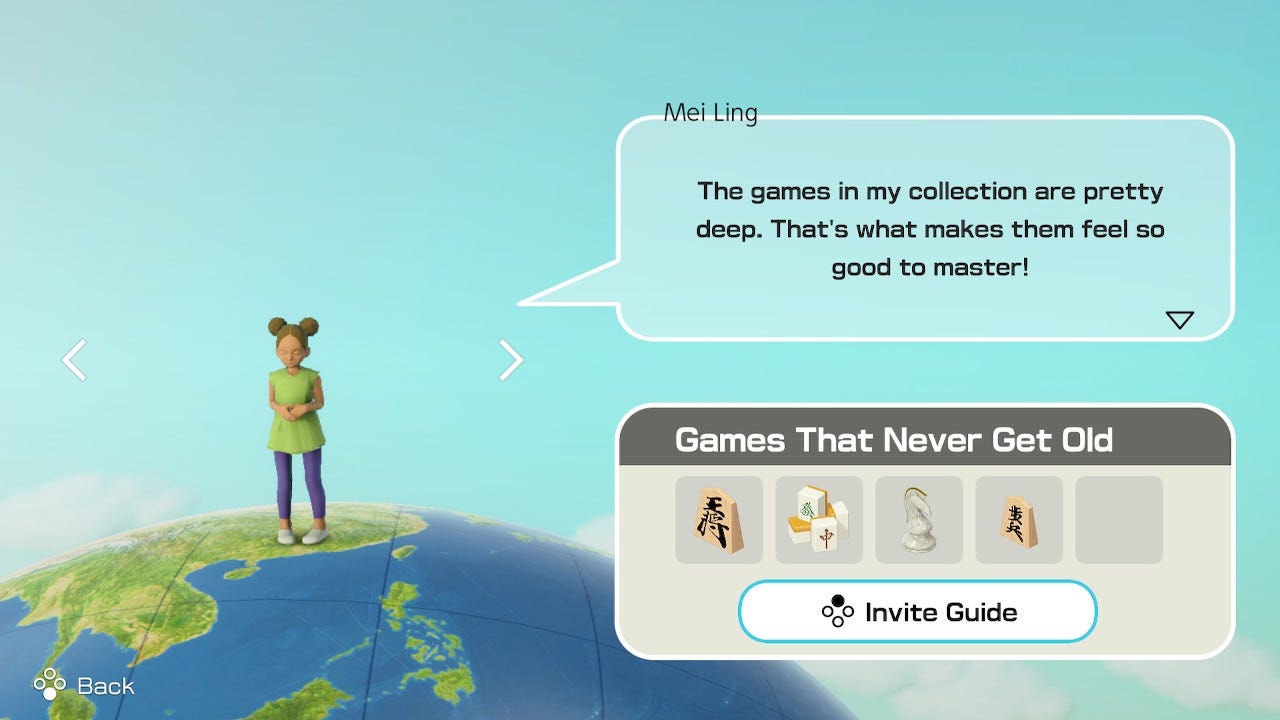 A figurine named Mei Ling describes the games in her collection, "Games That Never Get Old." She is standing on a globe.