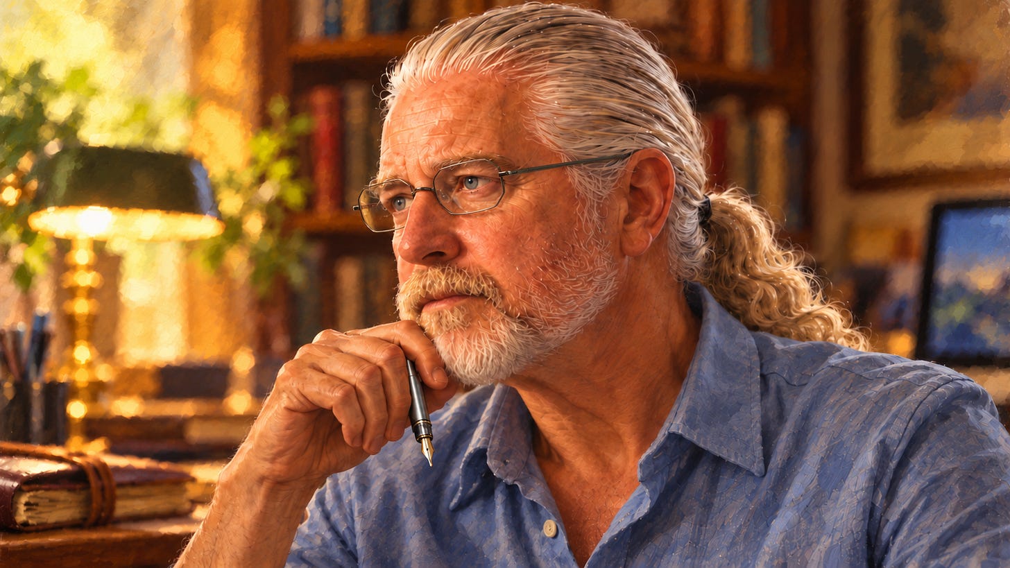 Painterly portrait of Rick Horowitz wearing glasses and a casual blue shirt, resting his chin on his hand while holding a fountain pen. His silver hair is tied in a ponytail, with books, journals, and a glowing desk lamp in the warm writing space behind him. Painterly portrait of Rick Horowitz wearing glasses and a casual blue shirt, resting his chin on his hand while holding a fountain pen. His silver hair is tied in a ponytail, with books, journals, and a glowing desk lamp in the warm writing space behind him.
