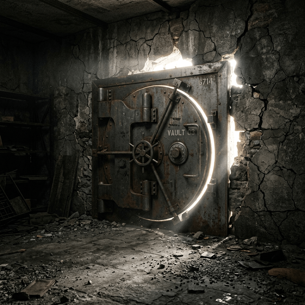 Rusty vault door slightly ajar with light coming through cracks in a damaged wall