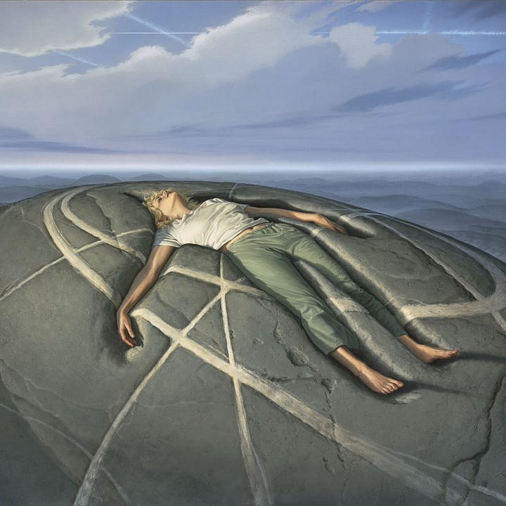LEFT: Figure detail from GRAVITY featuring a woman in white t-shirt and drab green sweatpants sinking back into a mound of solid gray rock. The surface is marked with curving and intersecting lines that echo a similar contrail hidden mostly behind clouds high in the sky. RIGHT: Close detail from GRAVITY featuring a woman sinking back into a mound of solid gray rock. Her eyes are closed and her face is turned up to the sky.