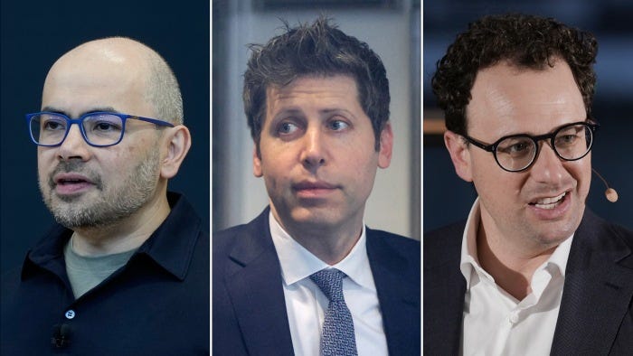 Collage of Demis Hassabis, Sam Altman and Dario Amodei.