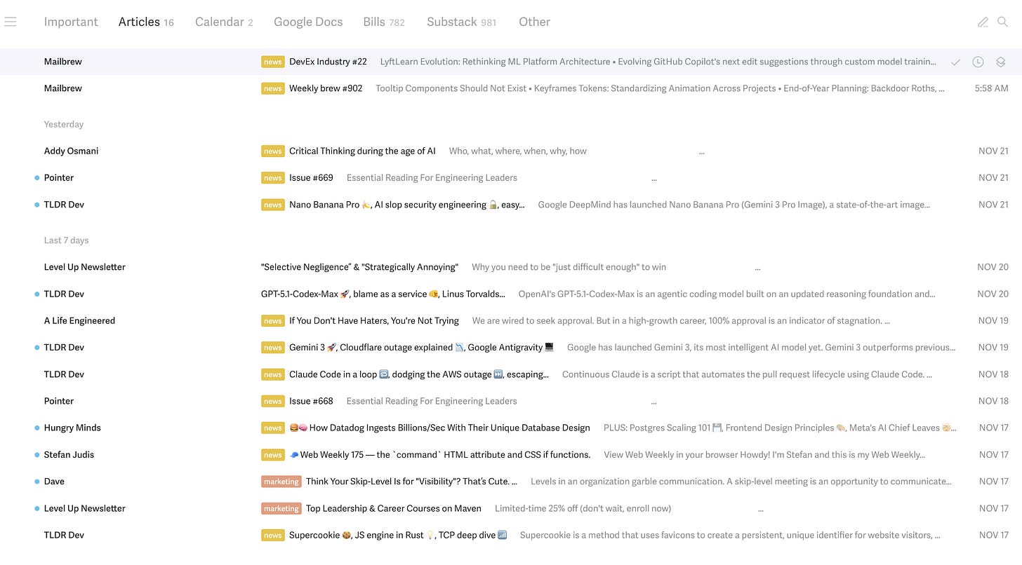 Superhuman emails in the "Articles" split inbox