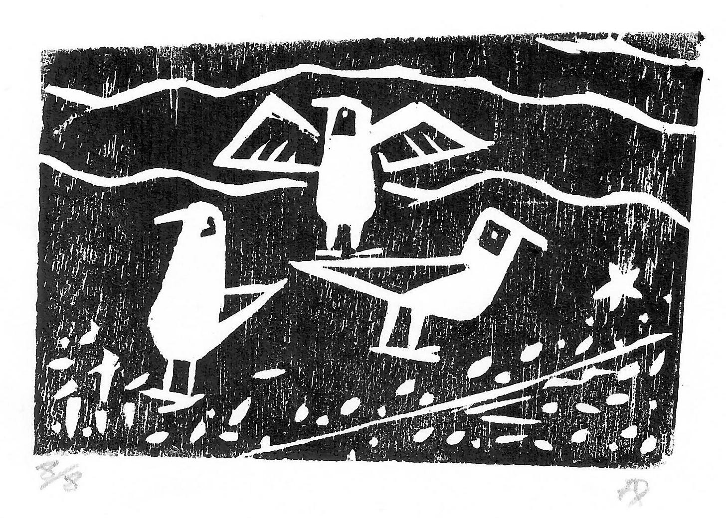 Woodcut of three birds by Alan Dixon