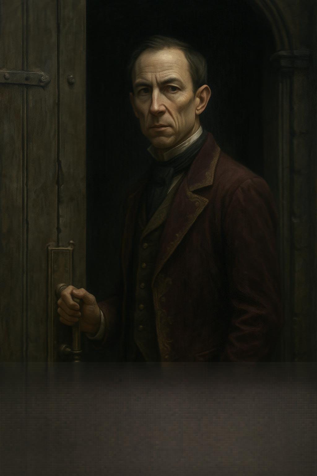 Haliq, the butler of Wachterhaus, visually inspired by Tobias Menzies, stands at the grand front door of the manor. He is tall and narrow-faced, dressed in an immaculate velvet coat trimmed with gold thread. His posture is precise and formal, one hand resting on the door handle as he opens it. His expression is cool and unreadable, with a hint of disdain. Behind him, the interior of Wachterhaus is dimly lit—dusty portraits line the walls, and candlelight flickers from wrought iron sconces. The atmosphere is gothic and theatrical, evoking a sense of ritual and quiet menace.