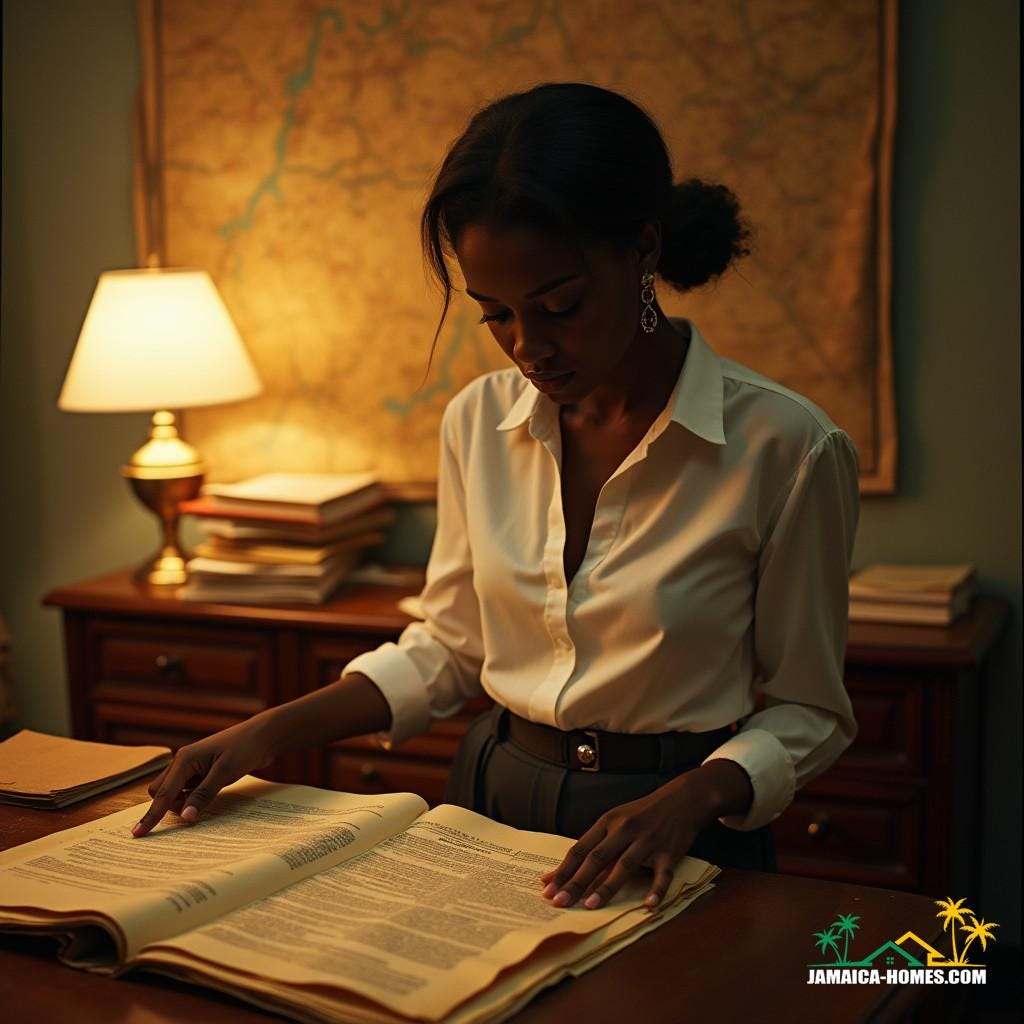 Elegant black woman, dressed in a crisp white blouse and a tailored suit, stands before a worn, wooden desk, surrounded by stacks of dusty documents and faded maps, her expression a mix of determination and frustration, as she gazes down at a tattered, unregistered land deed, the warm glow of a Jamaican sunset casting a golden light upon her, illuminating the lines of concern etched upon her face, cinematic film still, inspired by the gritty realism of Steve McQueen