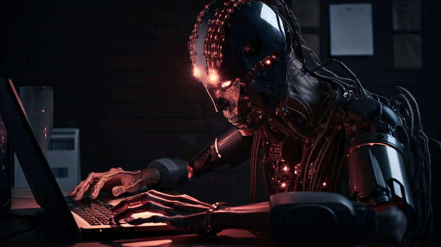 Highly stylized photograph of a cyborg typing on a laptop Highly stylized photograph of a cyborg typing on a laptop