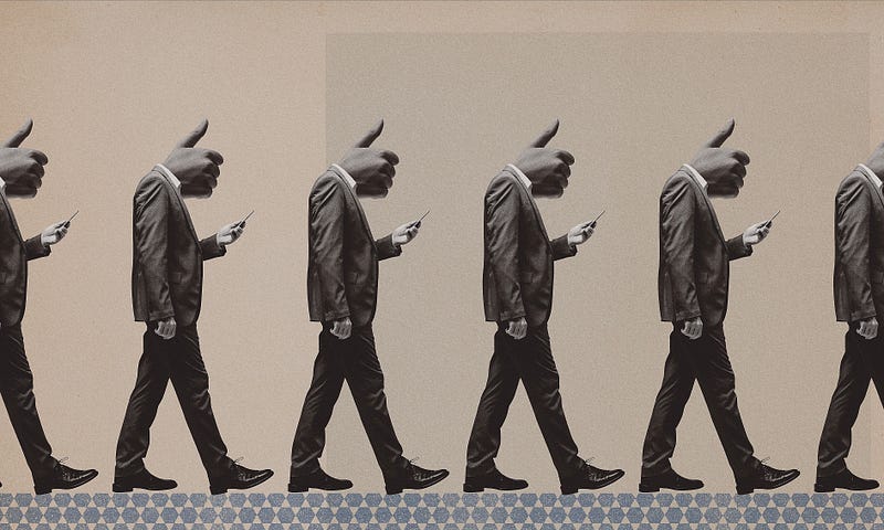 Men with thumbs for head walking with phones.