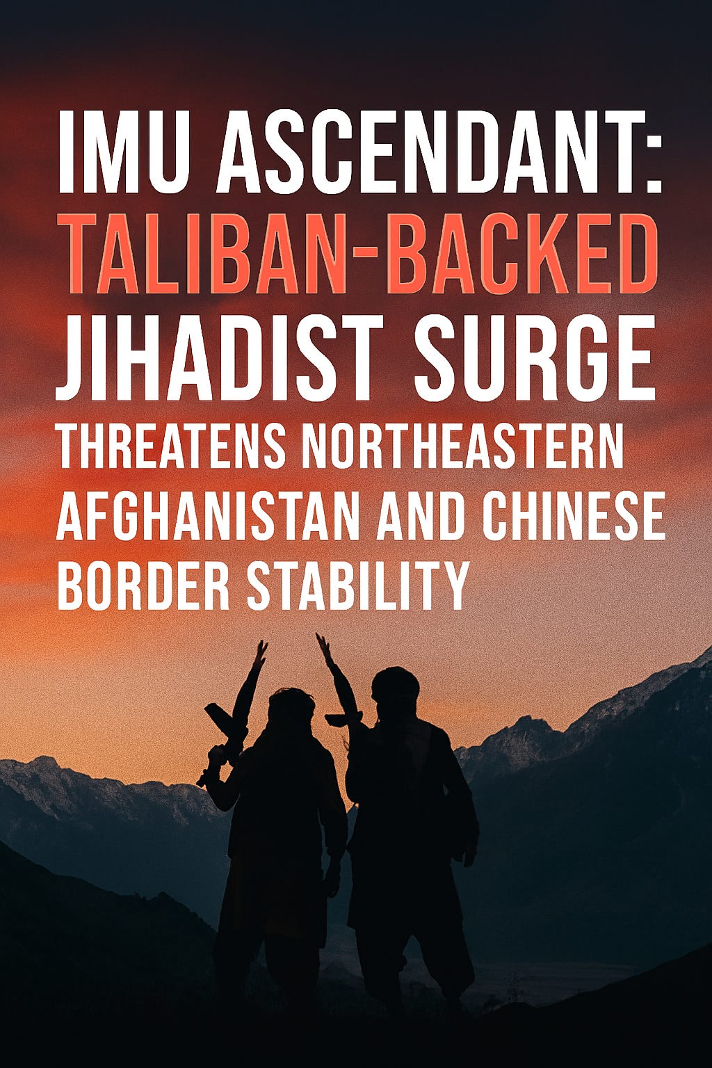 A tense mountainous border zone in northeastern Afghanistan with armed IMU fighters in camouflage gear setting up tents and military equipment. In the background, Taliban elements discreetly assist with logistics while Uyghur extremists observe the border near Xinjiang. The scene conveys covert militant buildup and strategic tension.