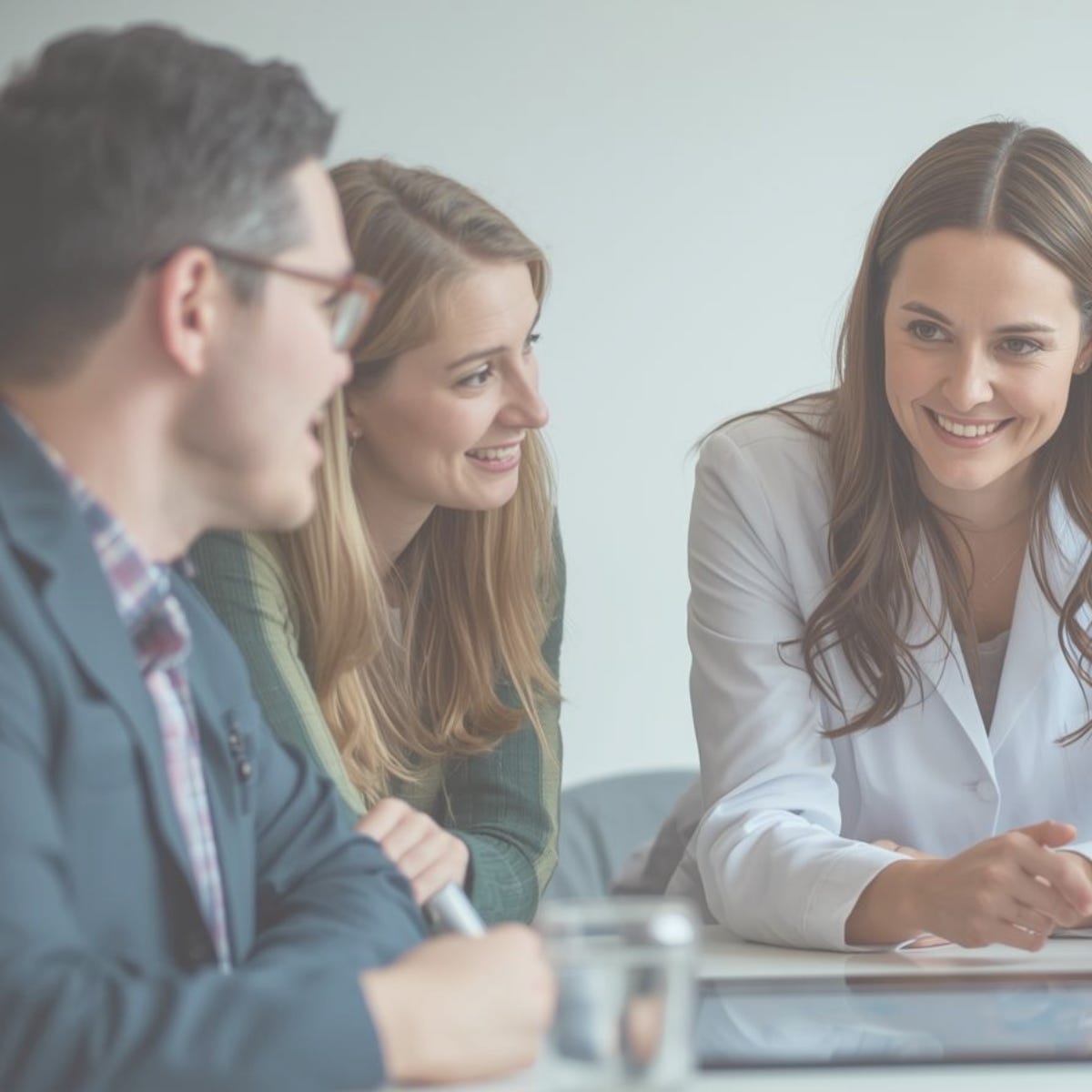 A group of scientists and professionals smiling during a meeting, representing researchers discussing their projects with a science ghostwriter who helps communicate their findings clearly and effectively.