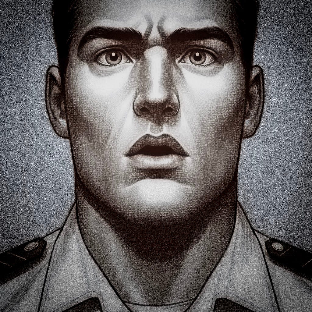 The face of a man dressed in what is apparently the white uniform of a cruise ship crew member. The prompt to the AI image generator added, "his mouth is slightly open - he is stunned and maybe a little angry." The face of a man dressed in what is apparently the white uniform of a cruise ship crew member. The prompt to the AI image generator added, "his mouth is slightly open - he is stunned and maybe a little angry."