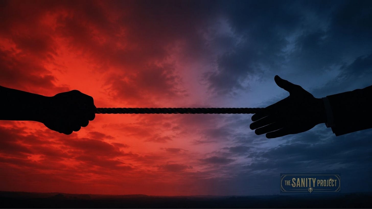 A tug-of-war between a clenched fist and a handshake, symbolizing two contradictory trade strategies. A tug-of-war between a clenched fist and a handshake, symbolizing two contradictory trade strategies.