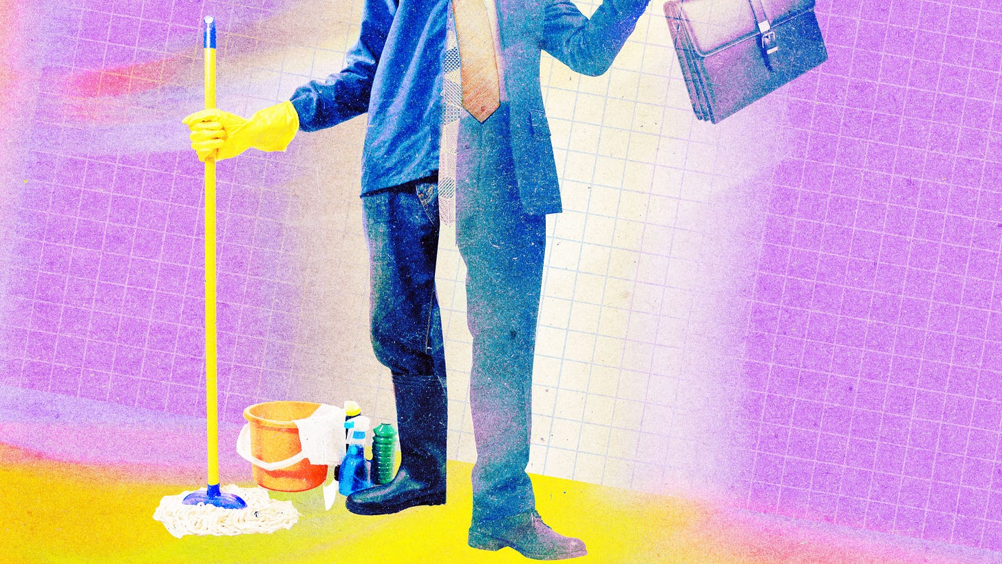 A man split into two halves. The left is flanked by cleaning supplies wears a rubber gloves and holds a mop, while the right is in a business suit and tie and holding aloft a leather briefcase.