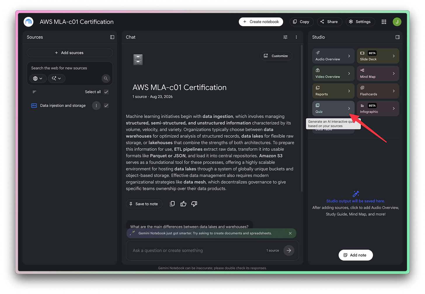 Gemini Notebook studio showing a user starting to generate a new quiz
