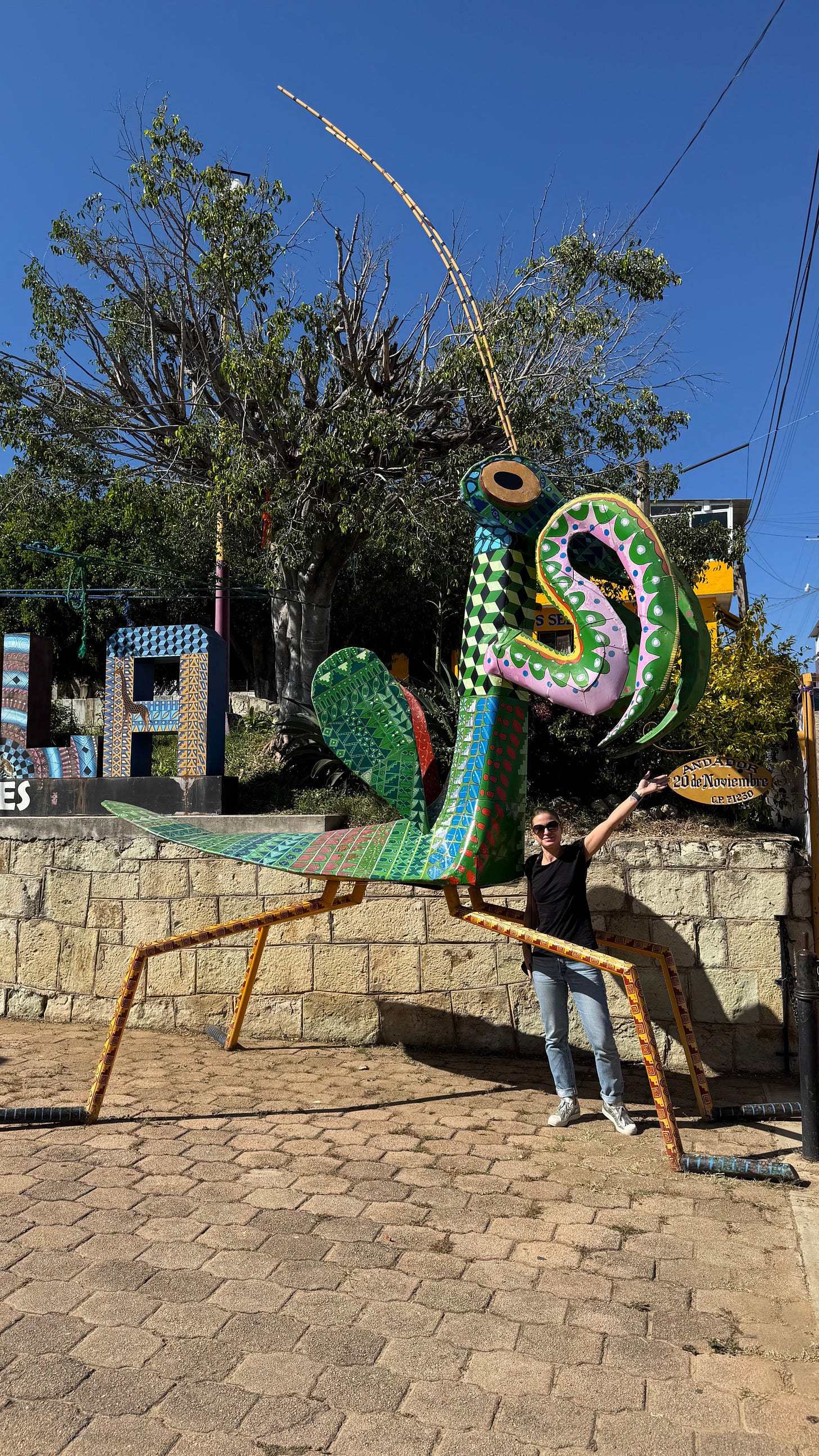 A large statue of a praying mantis with a woman standing underneath it.