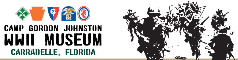 A banner for the Camp Gordon Johnston WWII Museum in Carrabelle, Florida. On the left are four military unit insignia icons above the bold text “Camp Gordon Johnston WWII Museum, Carrabelle, Florida.” On the right are black-and-white silhouettes of World War II soldiers advancing with rifles. A banner for the Camp Gordon Johnston WWII Museum in Carrabelle, Florida. On the left are four military unit insignia icons above the bold text “Camp Gordon Johnston WWII Museum, Carrabelle, Florida.” On the right are black-and-white silhouettes of World War II soldiers advancing with rifles.