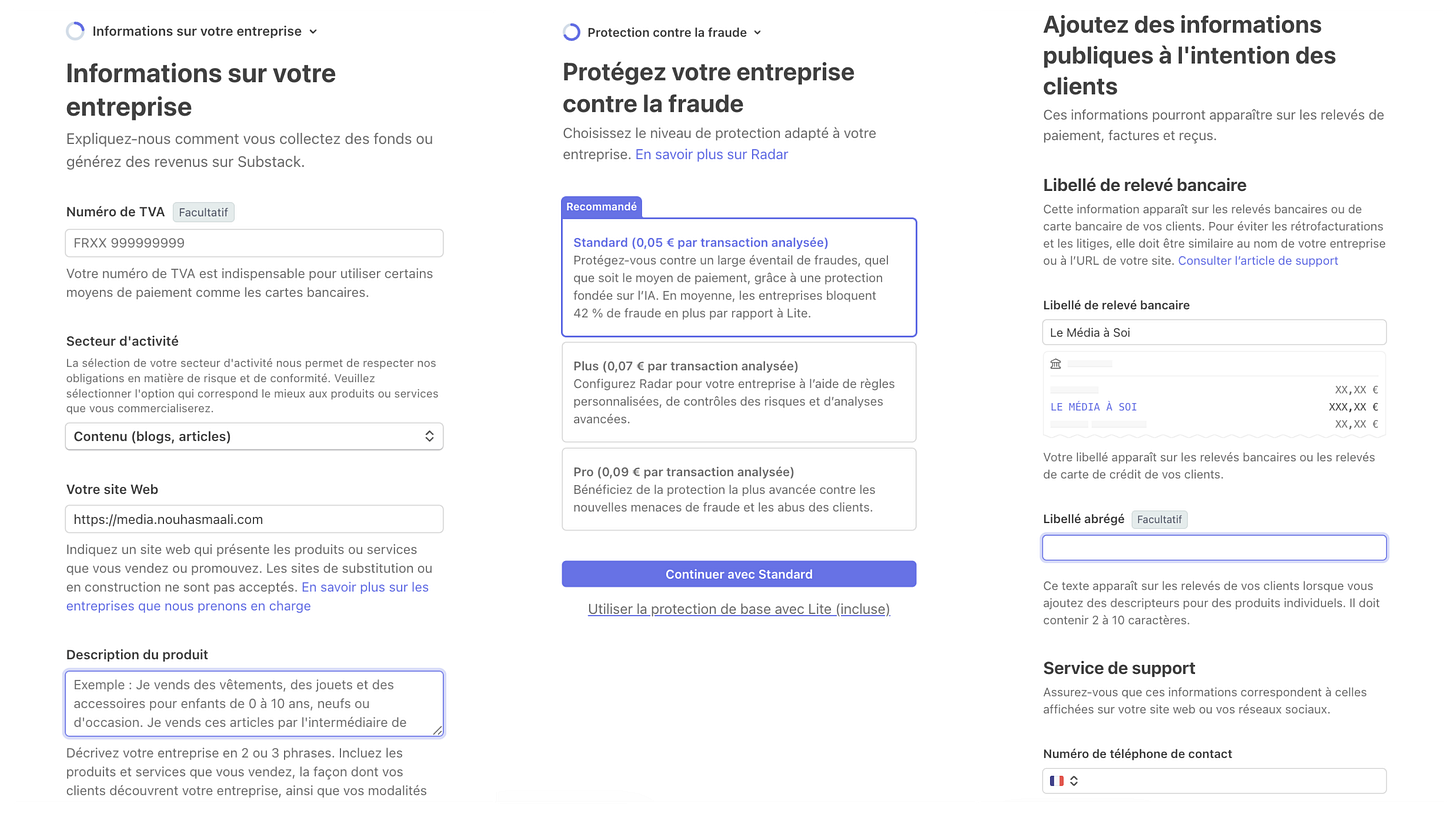 Configuration Stripe des informations de l’entreprise et des informations visibles par les abonnés Substack.