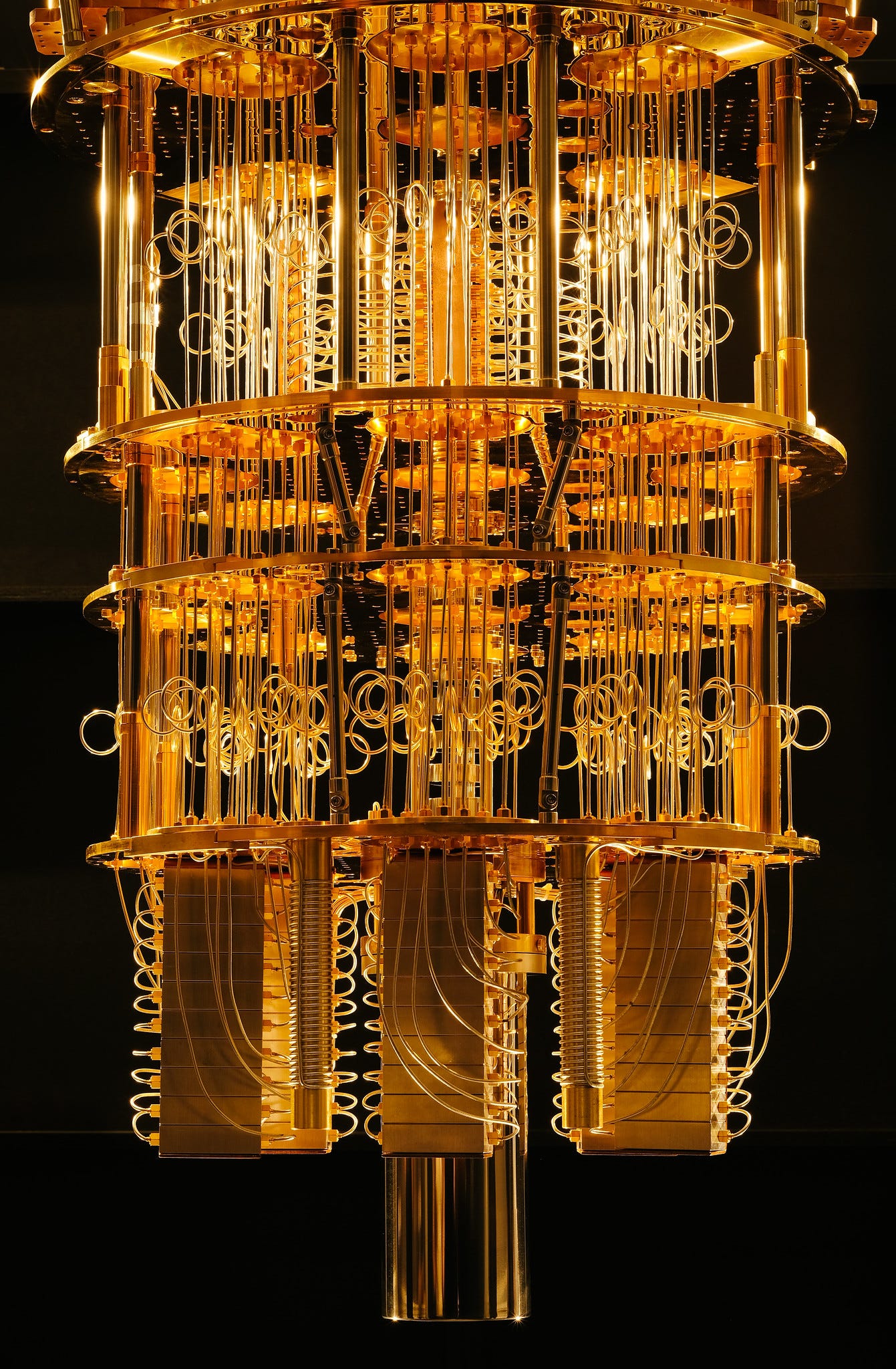An IBM Quantum cryostat used to keep IBM’s 50-qubit quantum computer cold in the IBM Quantum lab in Yorktown Heights, New York. In five years, quantum computing will go beyond the research lab and become mainstream, rapidly advancing the technology and its early use cases.
