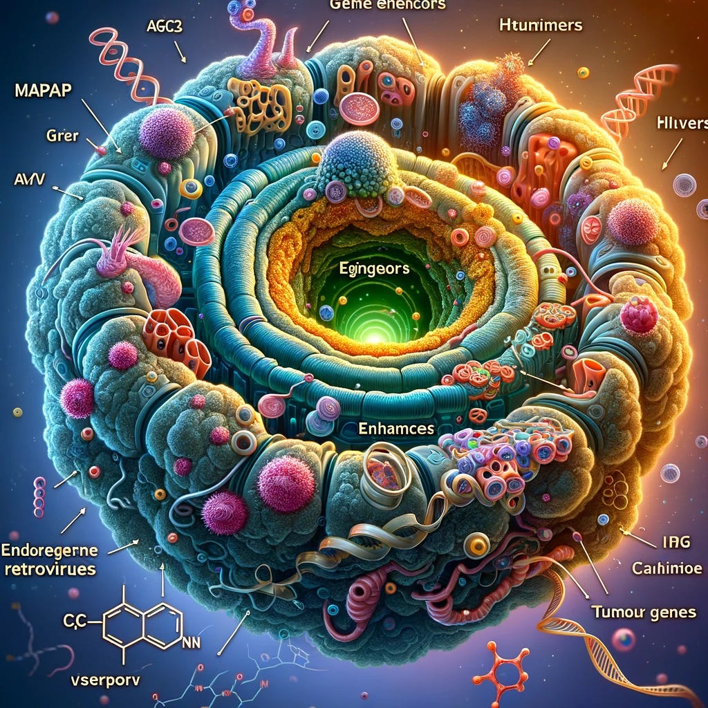 A detailed and scientific illustration of a colorectal cancer cell showing the role of endogenous retroviruses (ERVs) as enhancers in the gene regulatory network. The image should highlight the MAPK/AP1 signaling pathway activating the ERVs, which in turn regulate tumor-specific genes like ATG12 and XRCC4. The cancer cell should have a vibrant, complex interior with visible ERV elements activating gene expression. Include molecular and cellular elements to emphasize the scientific focus.