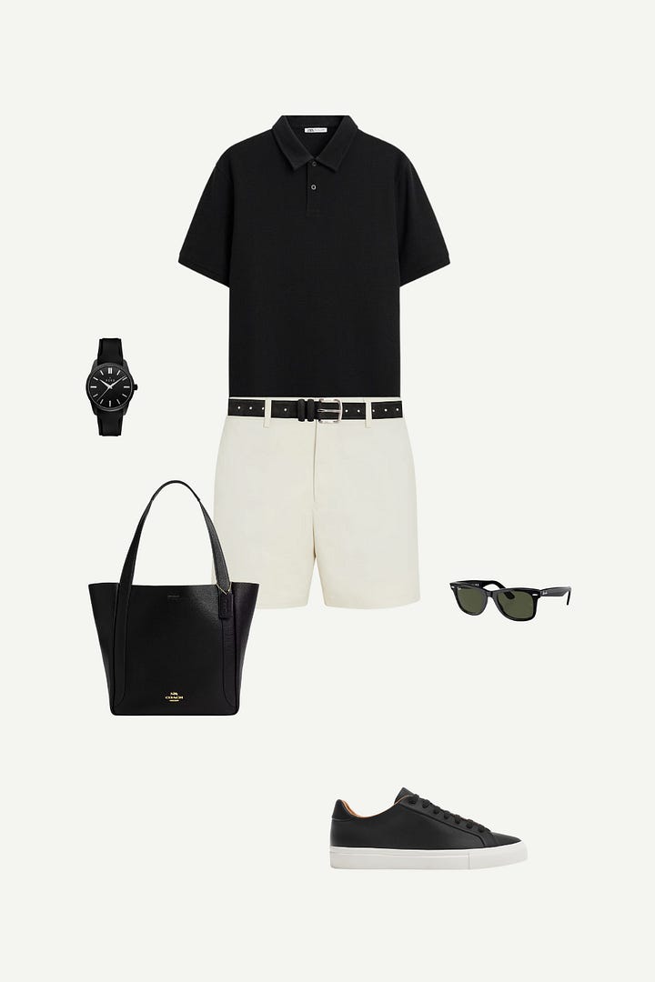 Men’s business-casual summer outfit featuring a buttondown shirt, a polo shirt, white tailored shorts, black sneakers,black loafers a Coach black tote, black leather strap watch, and Ray-Ban Wayfarer sunglasses.