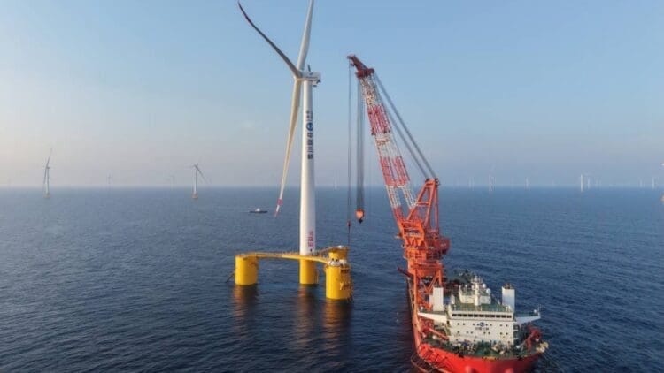 offshore wind turbine being installed offshore wind turbine being installed