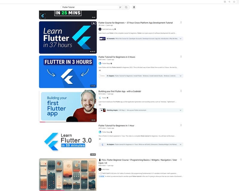 YouTube search showing multiple hour plus long dart courses