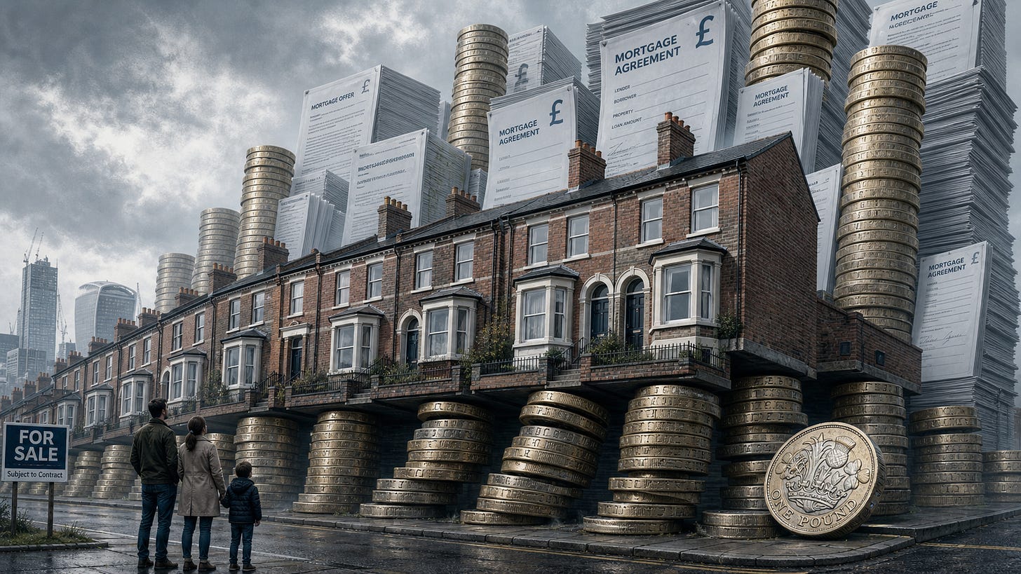 Illustration of British houses lifted by towering stacks of new money and mortgage credit. Illustration of British houses lifted by towering stacks of new money and mortgage credit.