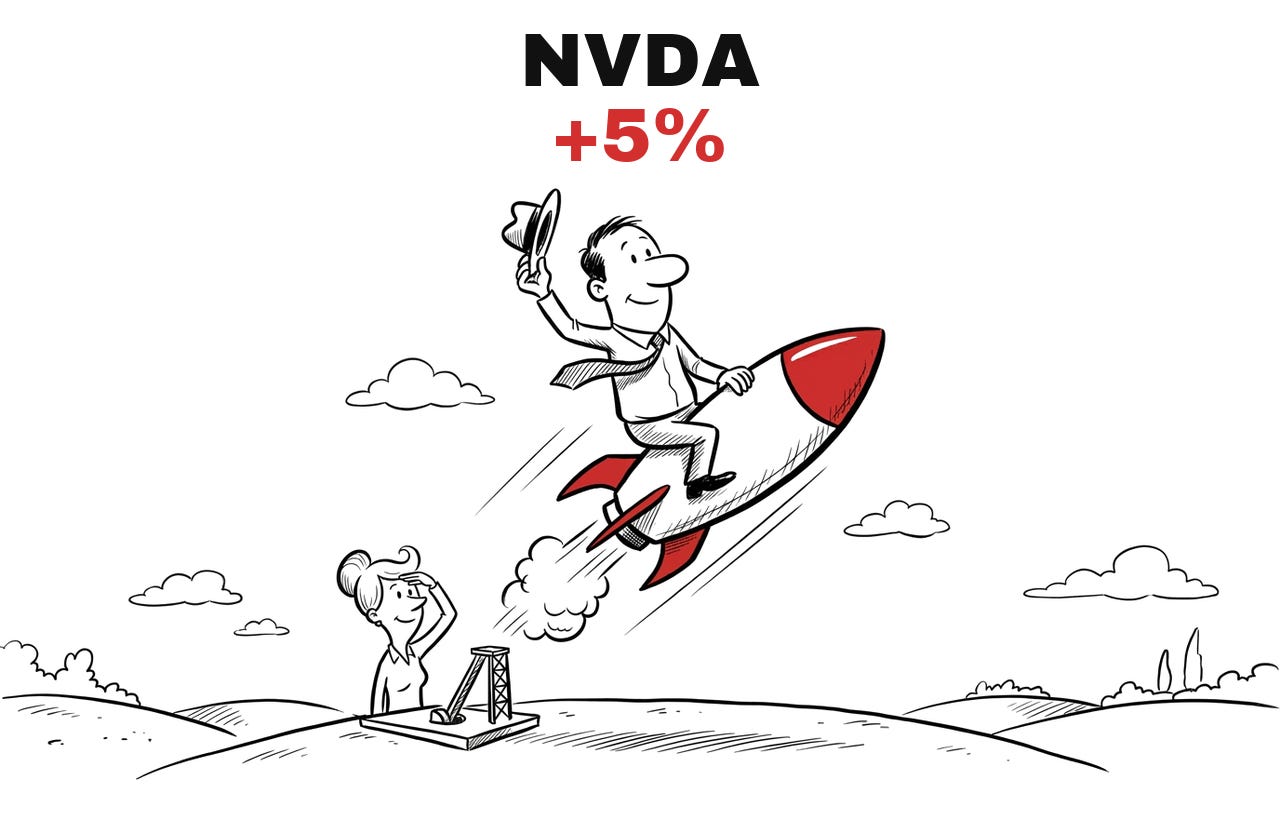 Trade Exit NVDA, +5%. Hand-drawn cartoon: the man rides a rocket upward and waves his hat, the woman watches from below.