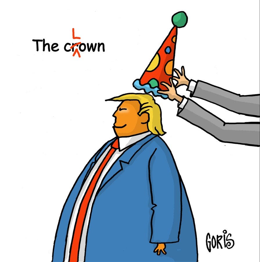 Donald Trump wearing a blue suit and red tie, with a colorful party hat with polka dots and a green pom-pom on his head. Two hands in gray sleeves are placing the hat on his head. The text "The Crown" with a crossed-out "L" is visible above his head.