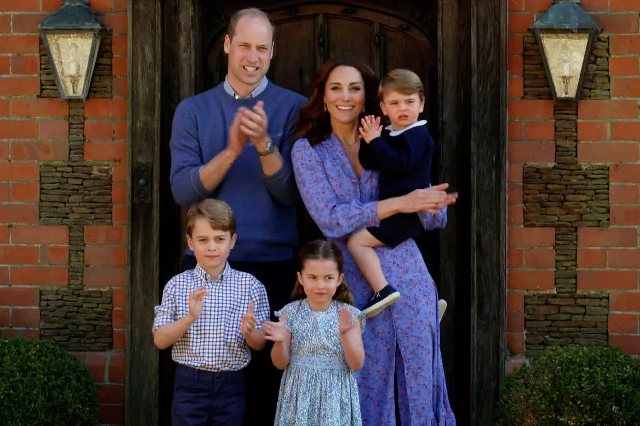 LONDON, ENGLAND - APRIL 23: In this screengrab, Prince William, Duke of Cambridge, Catherine Duchess of Cambridge, Prince George of Cambridge, Princess Charlotte of Cambridge and Prince Louis of Cambridge clap for NHS carers as part of the BBC Children In Need and Comic Relief 'Big Night In at London on April 23, 2020 in London, England.The 'Big Night In' brings the nation an evening of unforgettable entertainment in a way we've never seen before. Raising money for and paying tribute to those on the front line fighting Covid-19 and all the unsung heroes supporting their communities. (Photo by Comic Relief/BBC Children in Need/Comic Relief via Getty Images) LONDON, ENGLAND - APRIL 23: In this screengrab, Prince William, Duke of Cambridge, Catherine Duchess of Cambridge, Prince George of Cambridge, Princess Charlotte of Cambridge and Prince Louis of Cambridge clap for NHS carers as part of the BBC Children In Need and Comic Relief 'Big Night In at London on April 23, 2020 in London, England.The 'Big Night In' brings the nation an evening of unforgettable entertainment in a way we've never seen before. Raising money for and paying tribute to those on the front line fighting Covid-19 and all the unsung heroes supporting their communities. (Photo by Comic Relief/BBC Children in Need/Comic Relief via Getty Images)