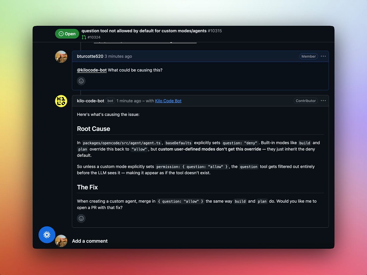 Asking @kilocode-bot to diagnose a bug report on a GitHub issue