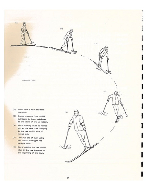 More scans from the Amputee Ski Techniques book. Left: A diagram showing an amputee skier completing a one-ski parallel turn. Center: a diagram showing how to make a "stump protector" out of leather and rubber. These were devices worn on the amputated leg to protect it from injury. Right: A photo of an outrigger on snow, with text describing the ideal dimensions.