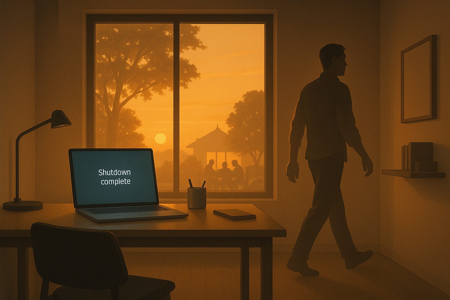A minimalist home office at sunset with warm golden light filling the room. A laptop on the desk displays the message ‘Shutdown complete.’ A person walks calmly away from the desk toward the right, leaving the workspace behind. Through the large window, silhouettes of trees and a distant dojo or gathering are visible. The scene conveys calm, closure, discipline, and intentional work-life balance A minimalist home office at sunset with warm golden light filling the room. A laptop on the desk displays the message ‘Shutdown complete.’ A person walks calmly away from the desk toward the right, leaving the workspace behind. Through the large window, silhouettes of trees and a distant dojo or gathering are visible. The scene conveys calm, closure, discipline, and intentional work-life balance