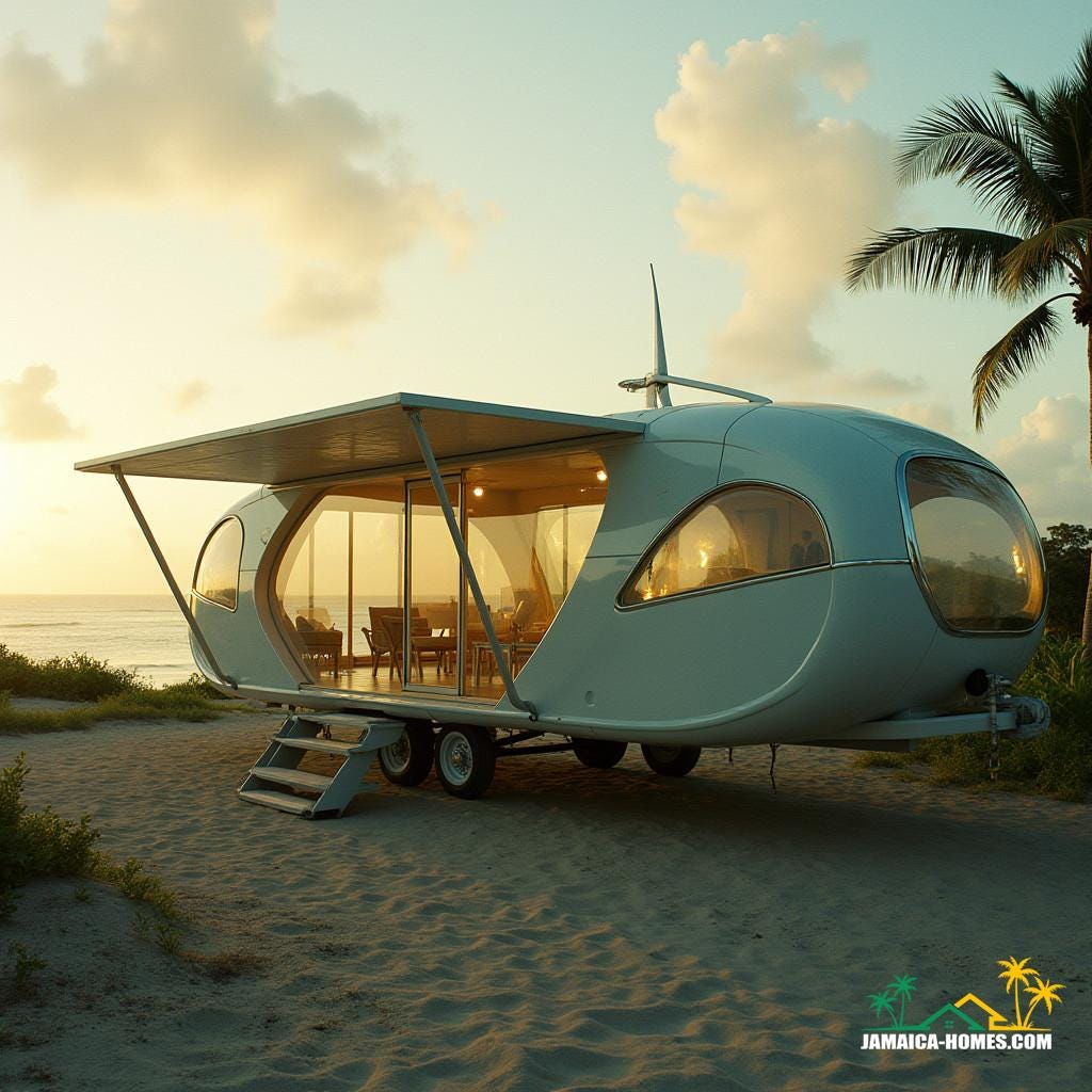 A majestic, modern Jamaican mobile home, crafted from reinforced glass, sits atop wheels, radiating an air of sleek sophistication, as if plucked from a futuristic utopia