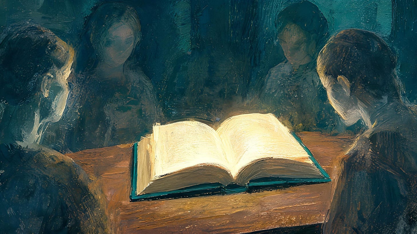 Abstract oil painting of a single open book glowing with warm light on a table while several blurred, translucent human silhouettes lean in from the shadows around it, suggesting that the book is fully visible but not truly being read or understood. Abstract oil painting of a single open book glowing with warm light on a table while several blurred, translucent human silhouettes lean in from the shadows around it, suggesting that the book is fully visible but not truly being read or understood.