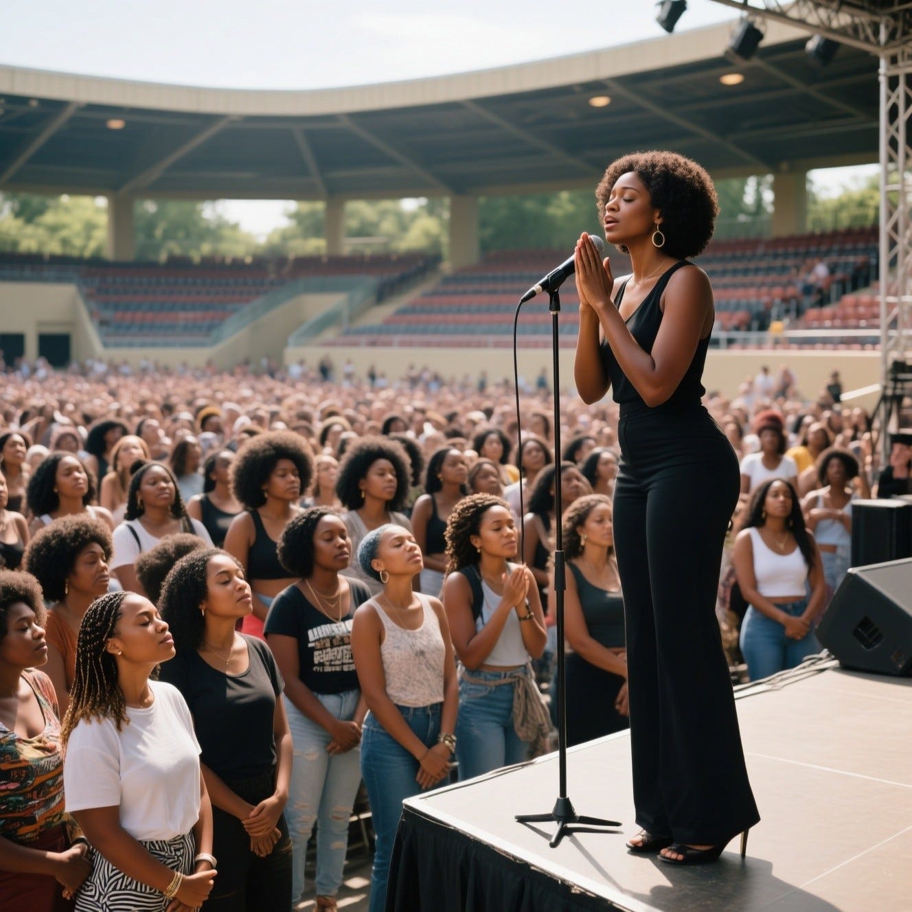 Provide me a realistic image of an African American woman standing with a microphone praying with a crowd of women listening in an outdoor auditorium. The crowd is women of all ages and wearing urban wear, hair not wrapped. in the summer time. She is on a platform