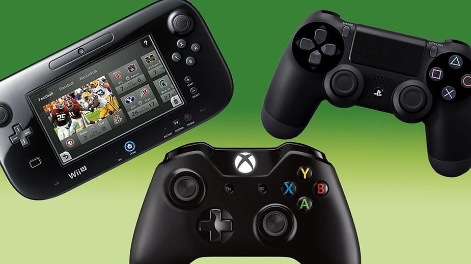 Three gaming controllers: Wii U with a sports screen, PlayStation, and Xbox against a green gradient background.