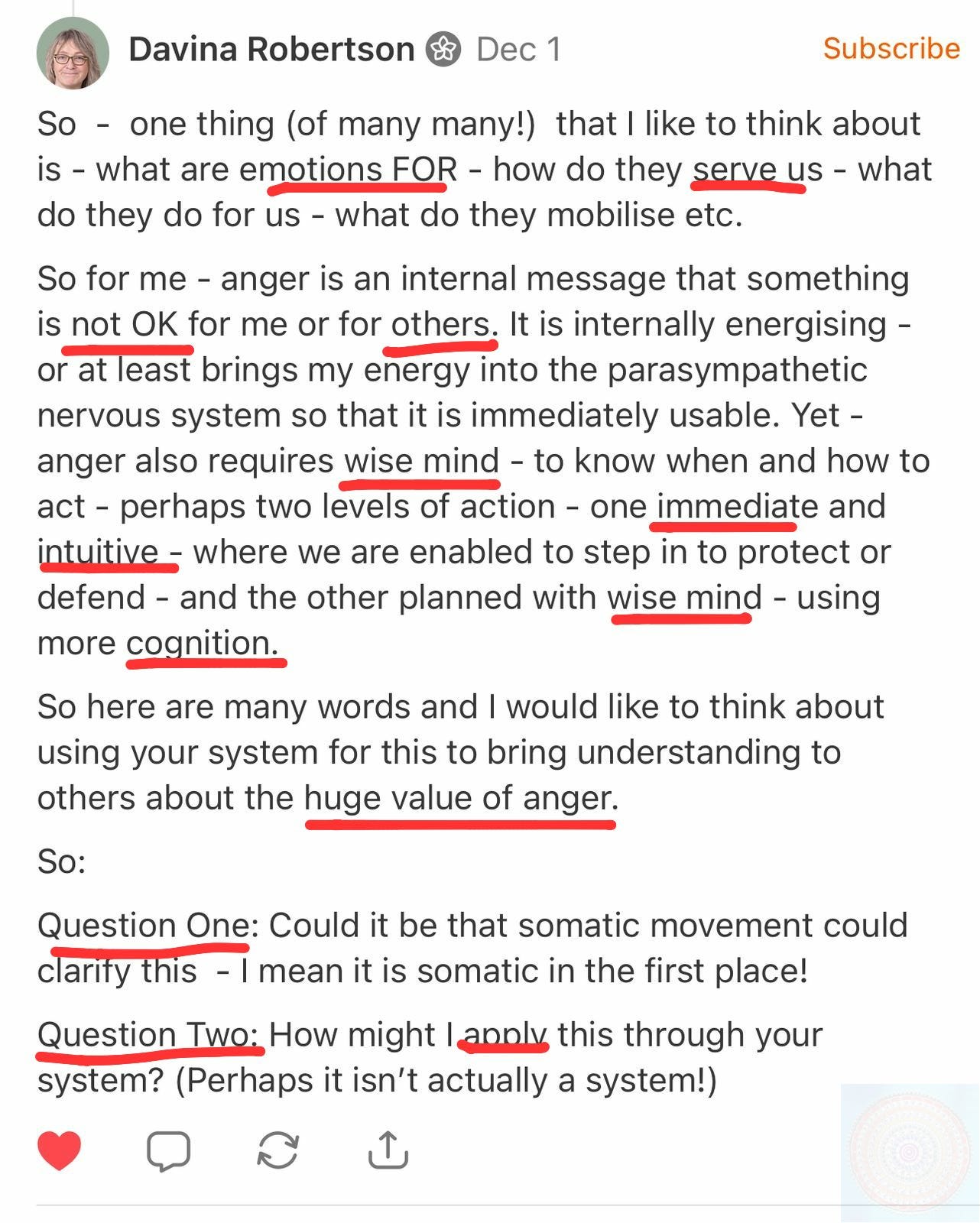 Screenshot of a psychotherapist named Davina sharing a thoughtful reflection on anger as somatic intelligence on Substack, asking how Somagraphic Learning⢠can clarify the purpose of anger. Her comment frames anger as information, energy, and wise mind action. Screenshot of a psychotherapist named Davina sharing a thoughtful reflection on anger as somatic intelligence on Substack, asking how Somagraphic Learning⢠can clarify the purpose of anger. Her comment frames anger as information, energy, and wise mind action.