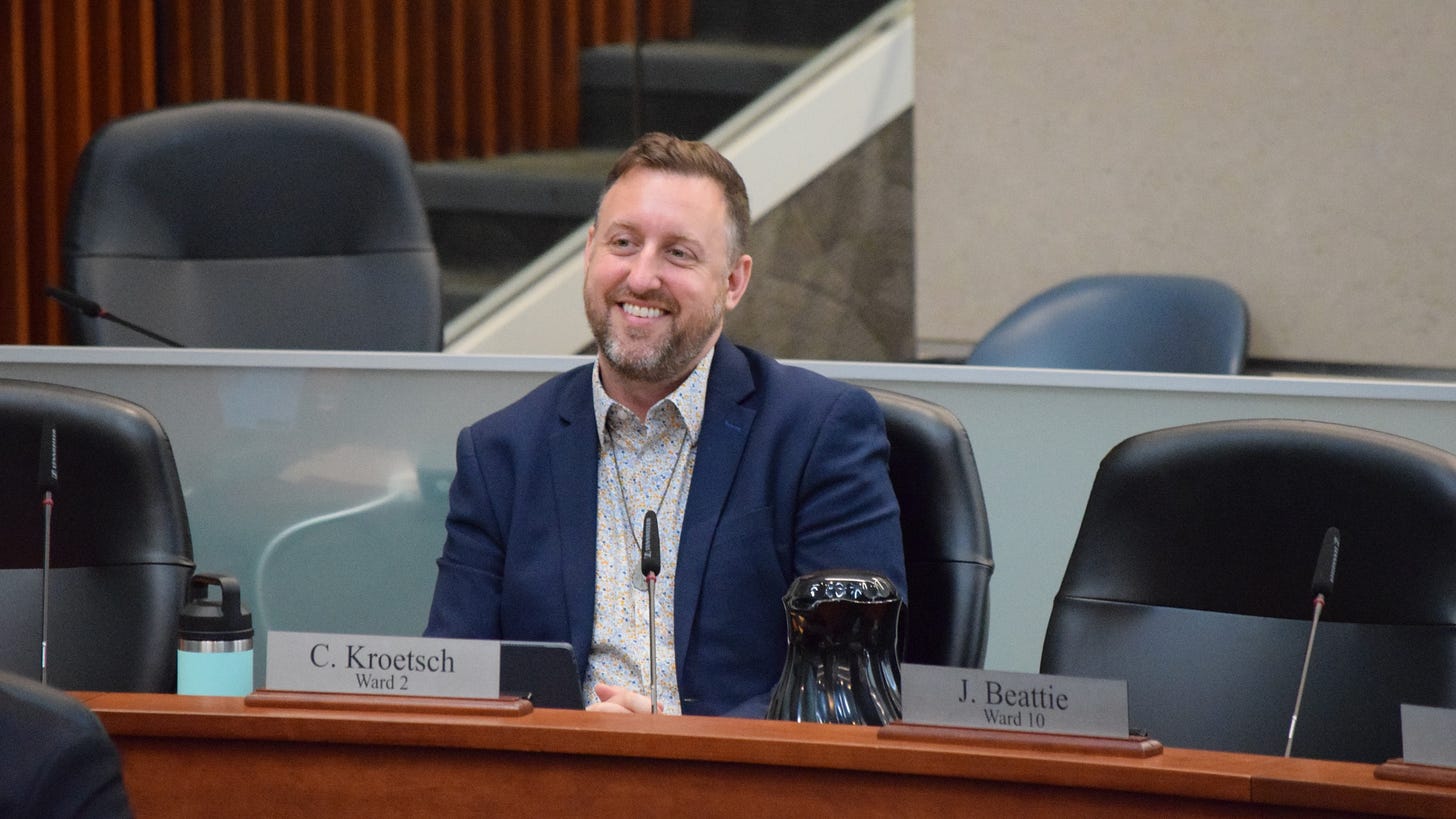 Councillor Cameron Kroetsch in Council Chambers in July
