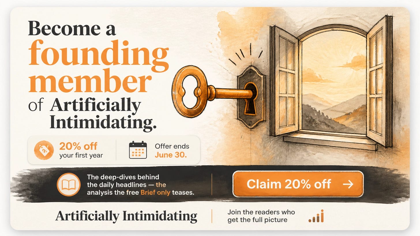 A premium upgrade card illustration for Artificially Intimidating featuring a key unlocking deeper content, with the exact offer text for founding membership, 20% off, June 30 deadline, and a claim button in the brand's orange and cream watercolor style.