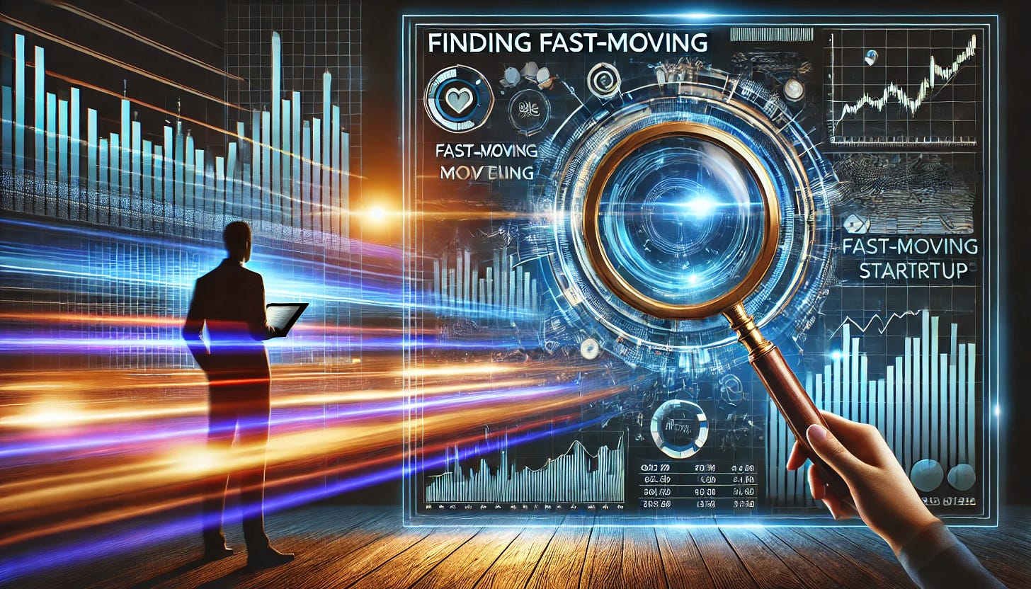 A high-tech and dynamic image representing an investor's playbook for finding fast-moving opportunities. The scene features a futuristic holographic interface displaying financial charts, stock market trends, and a magnifying glass highlighting a fast-moving startup. A businessperson analyzes the data, with an AI-driven algorithm in the background identifying potential winners. The color scheme includes electric blue, neon accents, and gold, symbolizing speed, technology, and investment success.