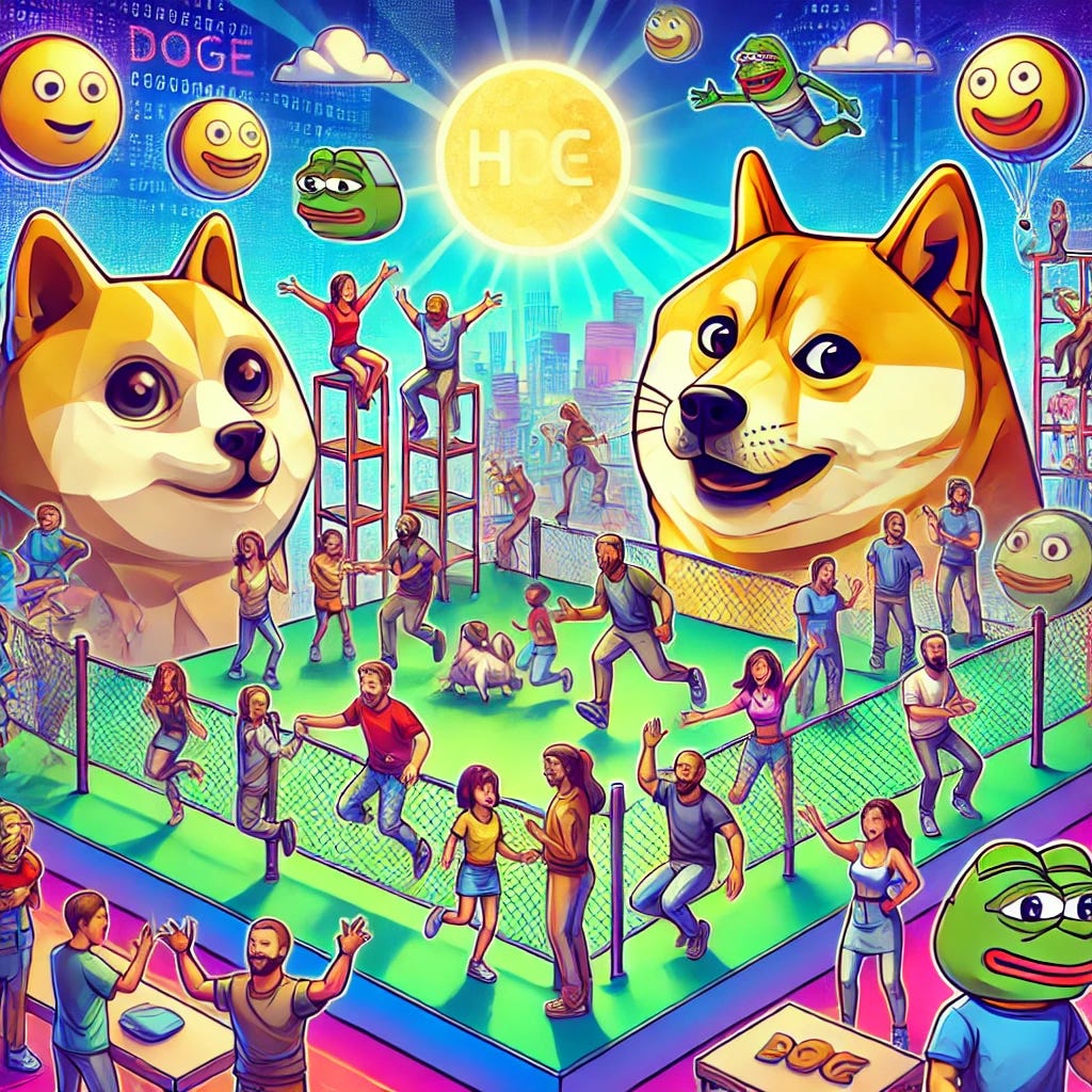 A digital illustration showing characters inspired by popular memecoins like Doge and Pepe in a lively, interactive setting, symbolizing sustained engagement. The characters are engaged in various fun activities and interactions with each other, representing ongoing community engagement. The background is vibrant and colorful, with a lively atmosphere that conveys the energy of continuous engagement and connection. No text included.