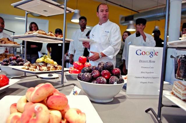 Chef Gary Gibson surveys the day's desserts with staff in the cafeteria of the Google office at 111... [+] 8th Avenue, Monday, October 2, 2006 in New York. Photographer: Daniel Acker/Bloomberg News.