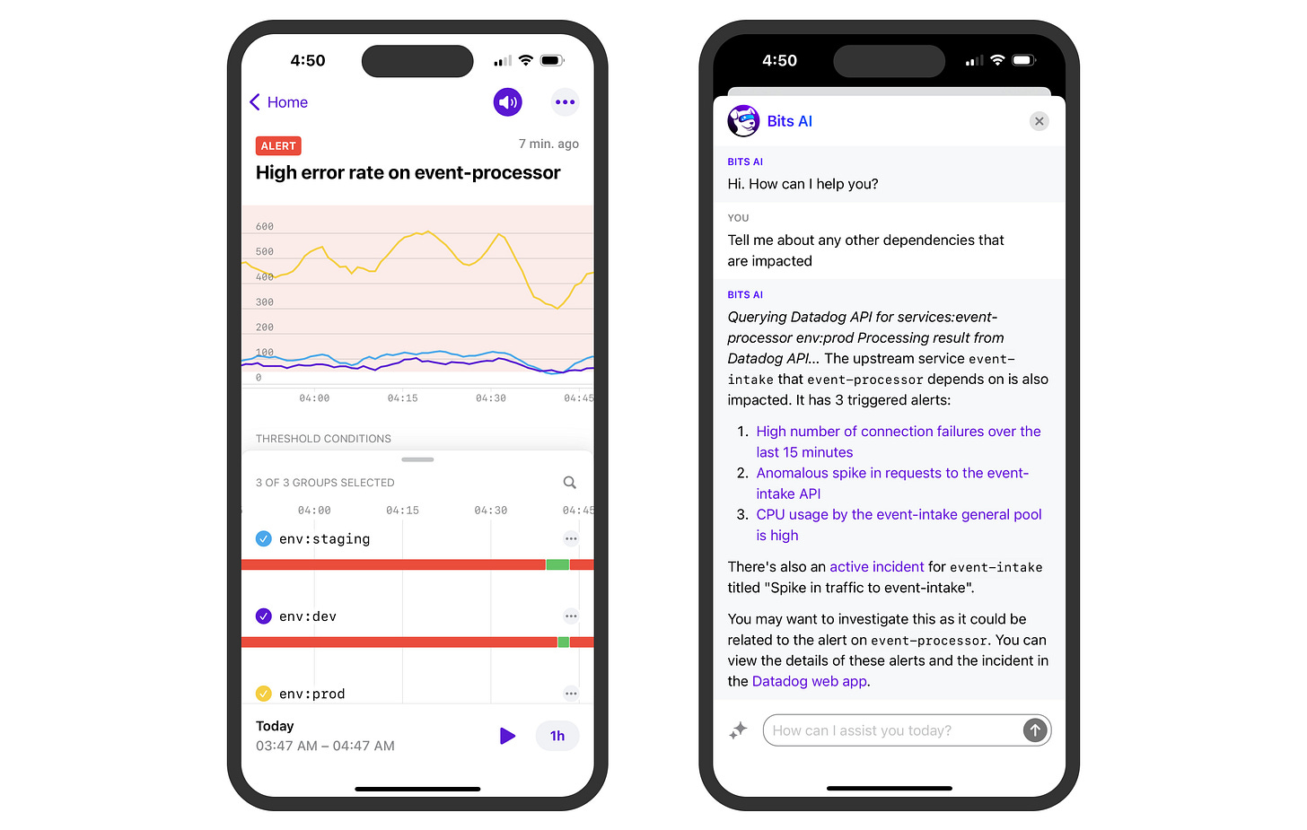 You can use Bits AI in the Datadog mobile app to investigate issues before signing on. You can use Bits AI in the Datadog mobile app to investigate issues before signing on.