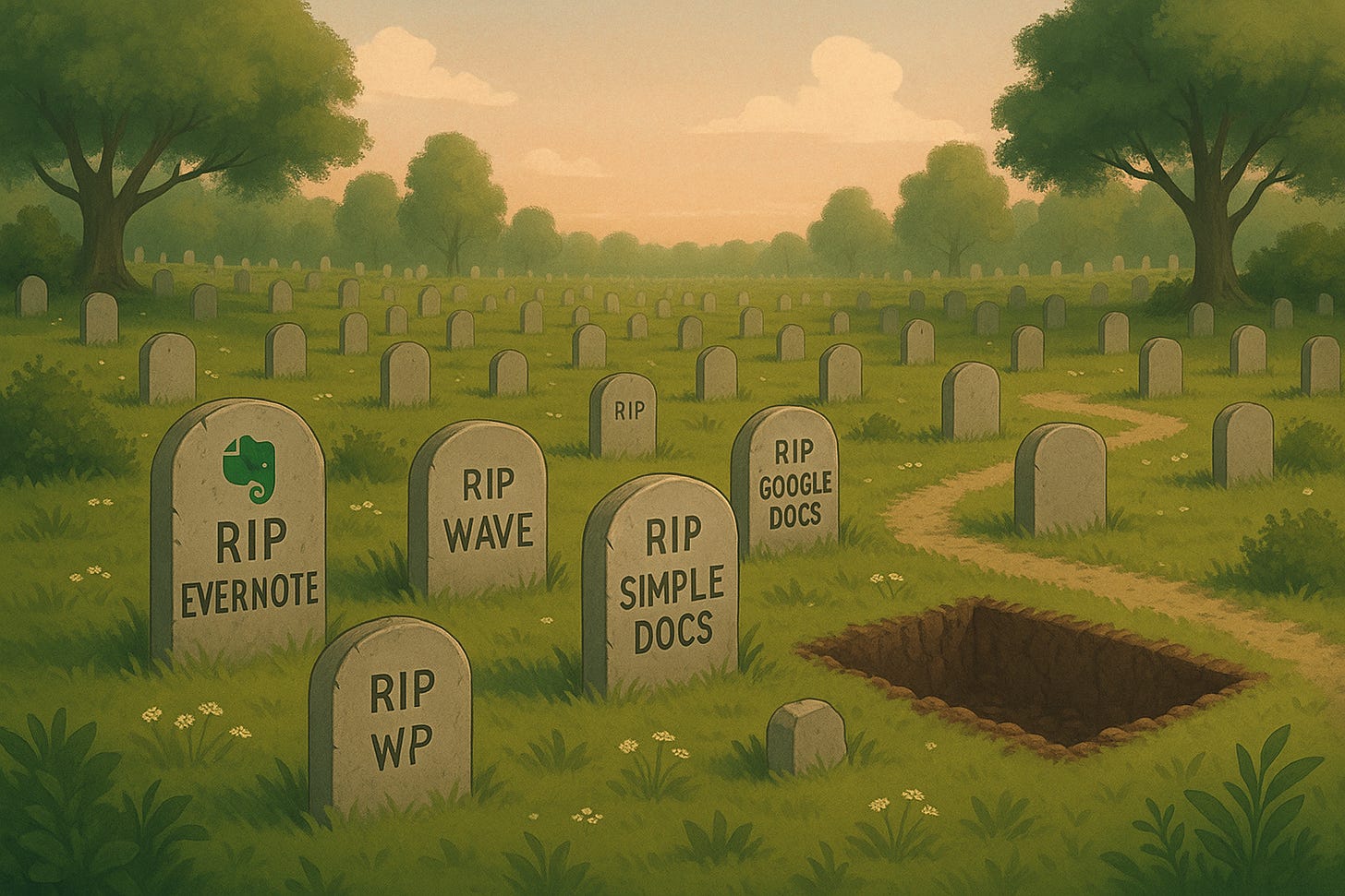 A peaceful graveyard filled with headstones for discontinued or declining apps—Evernote, Wave, Google Docs—leads to a freshly dug grave, hinting another is next.