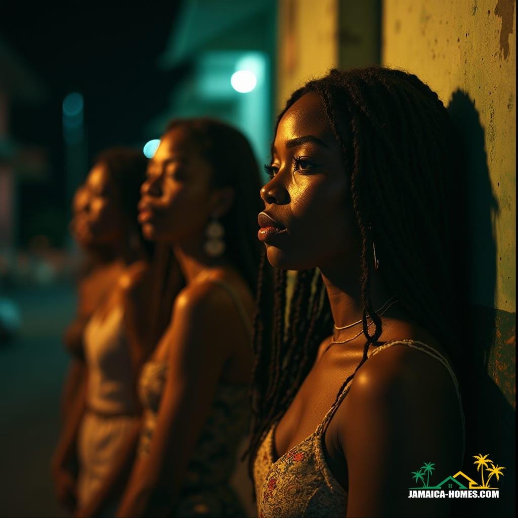  Cinematic film still of beautiful Jamaican people in the streets of Jamaica, bathed in dramatic, atmospheric cinematic lighting. Shot on V-Raptor XL with 35mm film, featuring film grain, a vignette, and expert color grading, post-processed for a masterpiece quality. Live-action, best quality, epic, stunning.