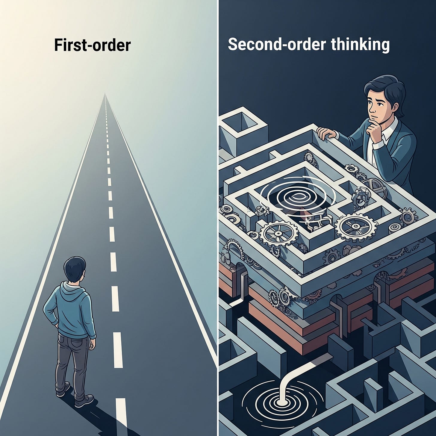 A split image contrasting thinking styles. On the left, a person stands on a straight, clear road labeled 'First-order thinking,' representing a simple approach. On the right, a person contemplates a complex, multi-layered maze with gears and ripple effects labeled 'Second-order thinking,' symbolizing deeper analysis and foresight into complex problems.